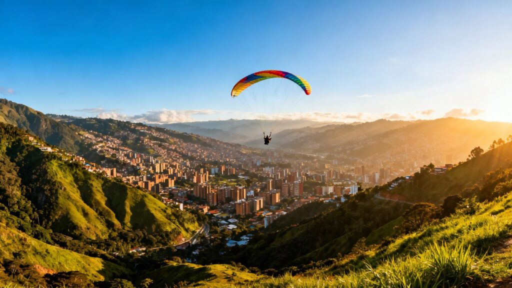 Paraglider flying over Medellin's green mountains and city.