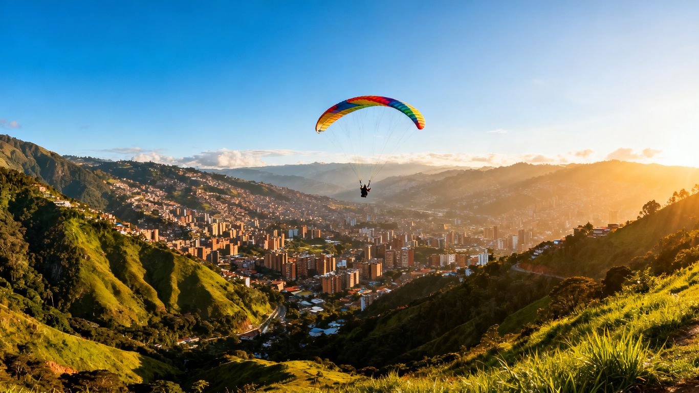 Paraglider flying over Medellin's green mountains and city.
