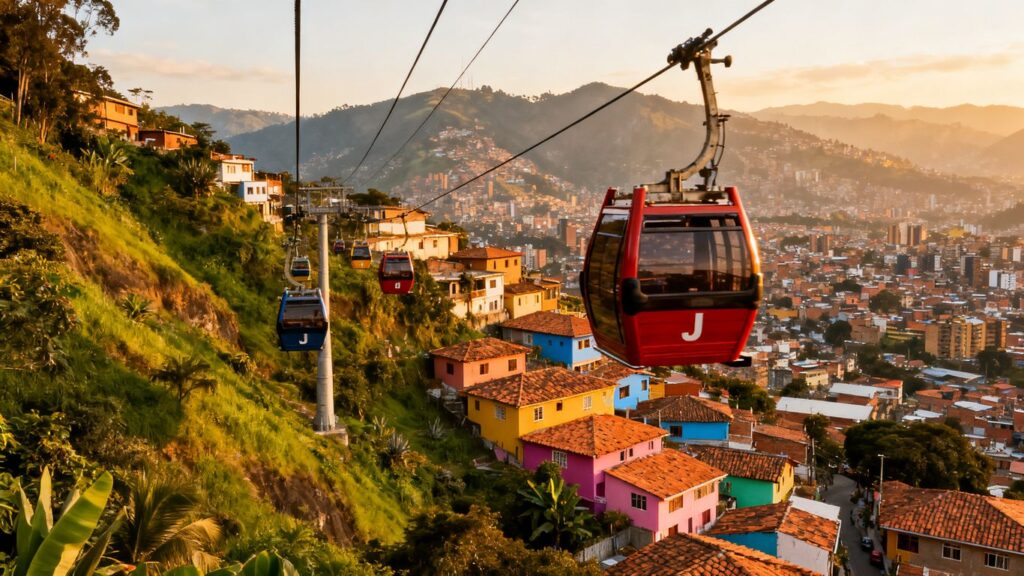 Medellin Metrocable Line J aerial view over colorful city.