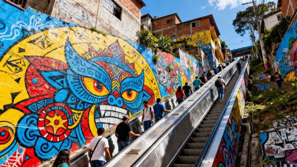 Colorful graffiti art on buildings in Comuna 13, Medellin.