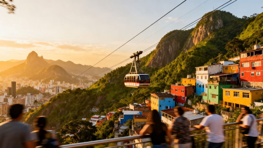 Colorful Medellin cityscape with mountains and cable car.
