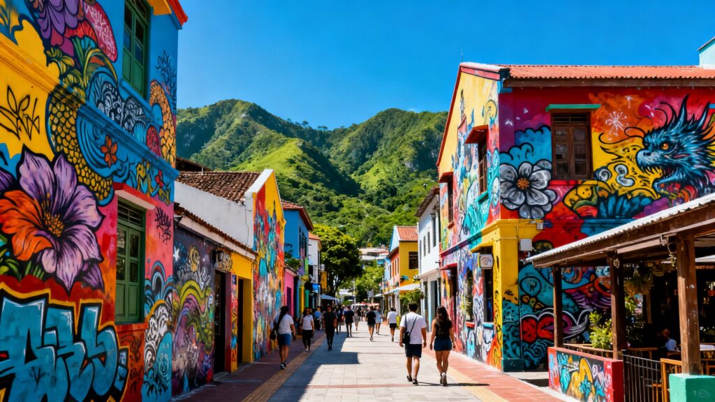 Colorful graffiti art on buildings in a lively Medellín street.