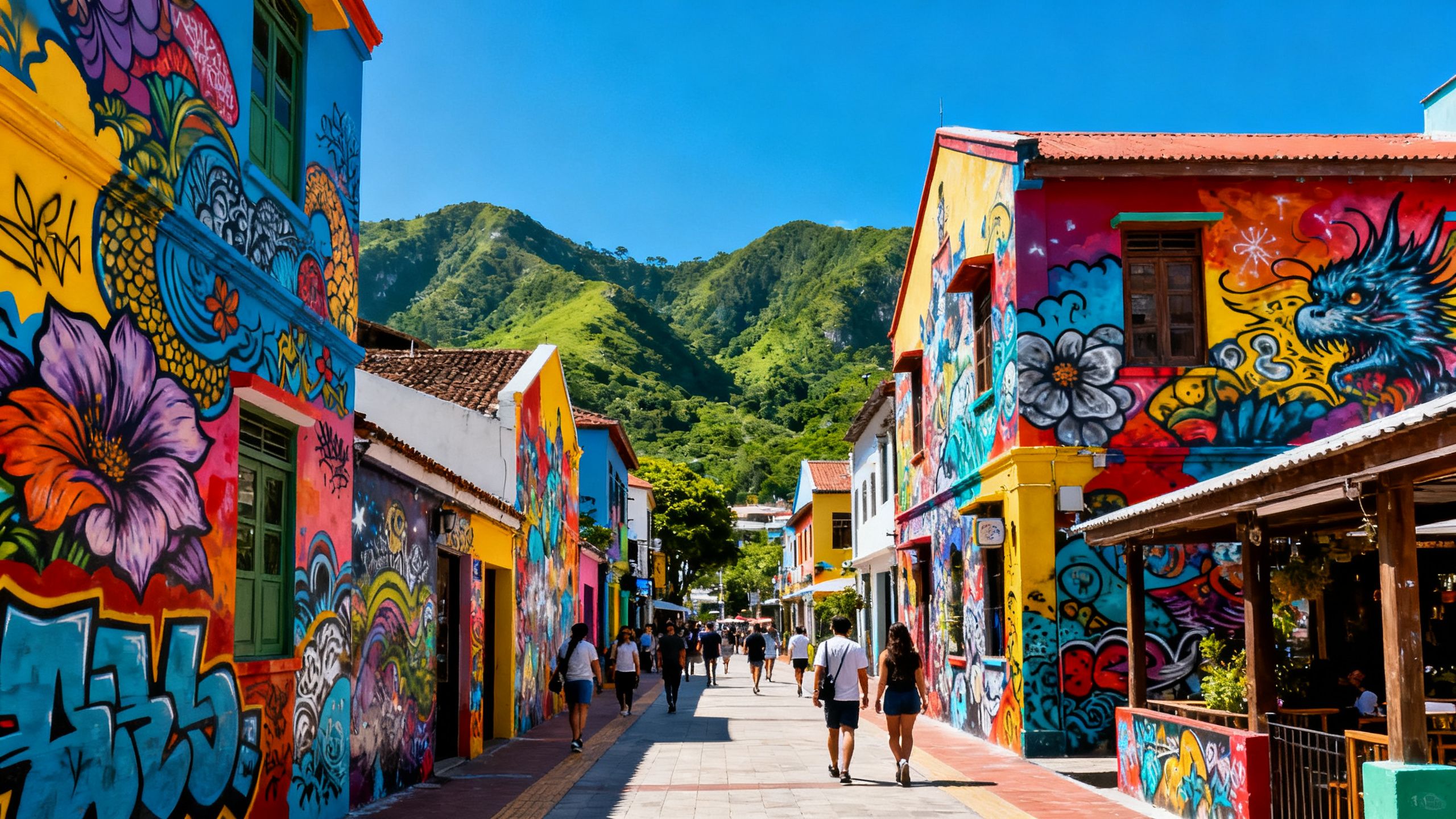 Colorful graffiti art on buildings in a lively Medellín street.