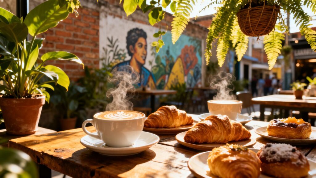 Cozy coffee shop interior with steaming coffee and pastries.