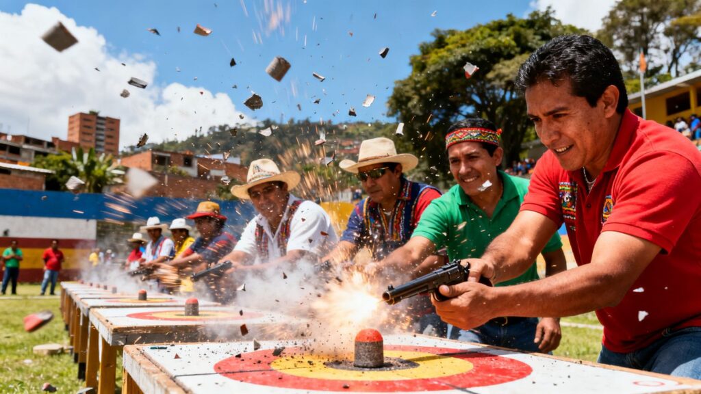Players in Medellin playing the traditional sport of Tejo.