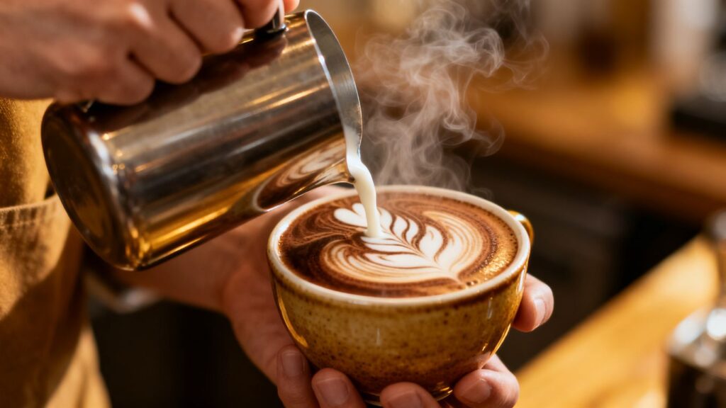 Barista creating latte art in a coffee cup.