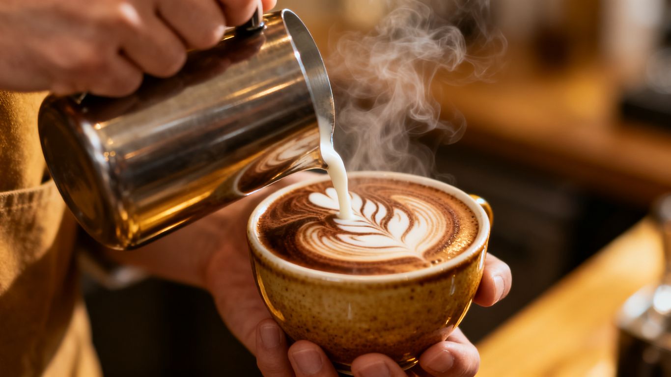 Barista creating latte art in a coffee cup.