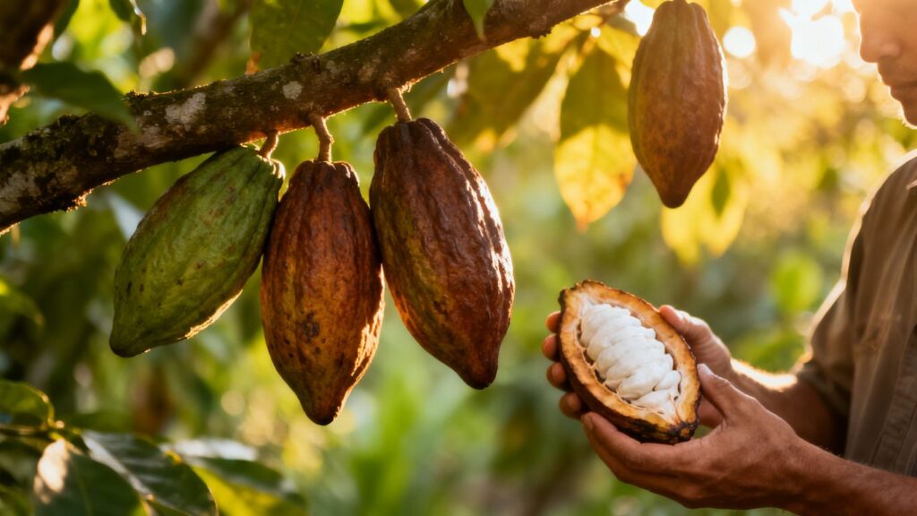 Cacao pods on a tree branch at a farm.