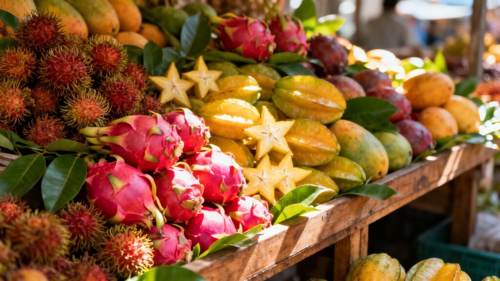 Exotic fruits piled high at a local market stall.
