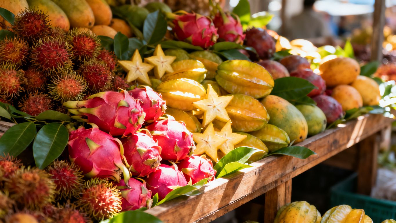 Exotic fruits piled high at a local market stall.