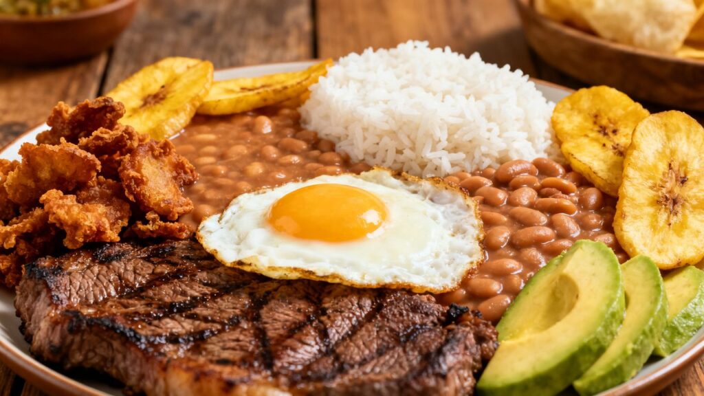 Bandeja Paisa platter with steak, chicharrón, beans, rice, egg.