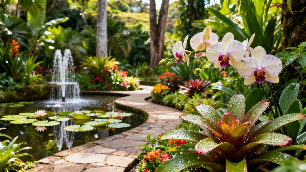 Lush greenery and colorful flowers in Medellín's Botanical Garden.