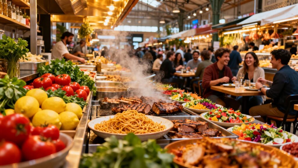 Gourmet food hall with diverse culinary stations and people dining.