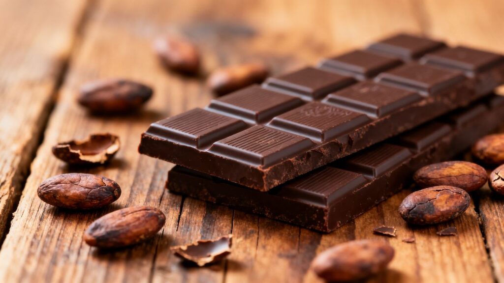 Artisanal chocolate bars and cacao beans on wood.