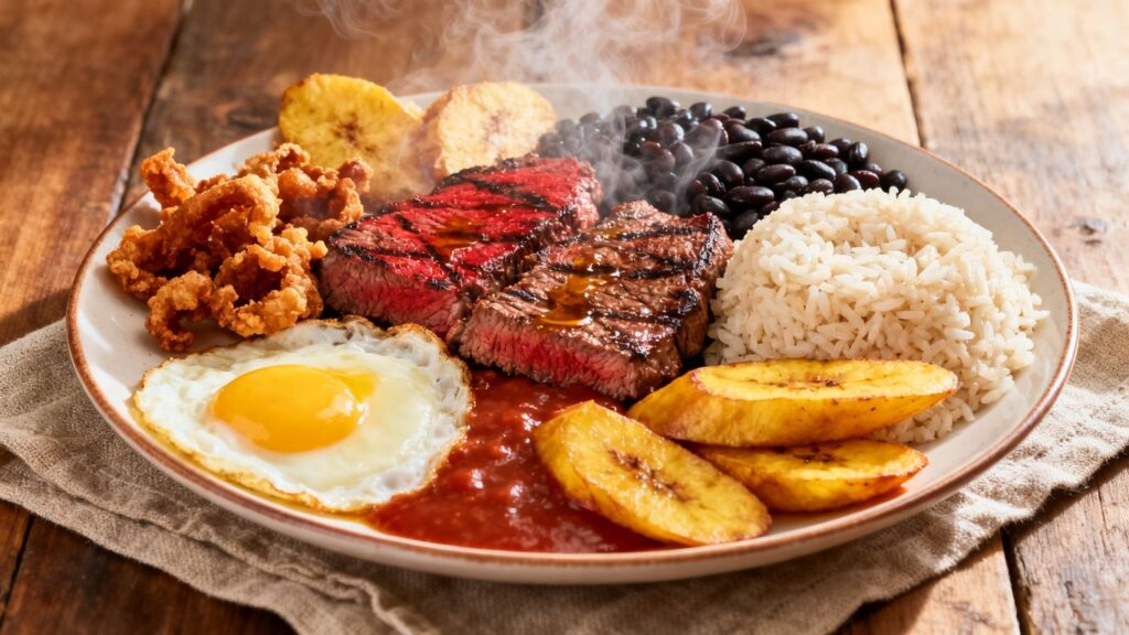 Authentic Colombian street food platter in Medellin.