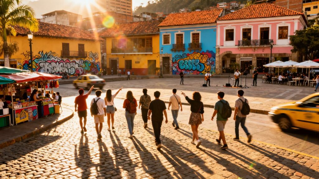 People on a free walking tour in downtown Medellin.