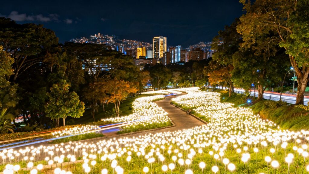 Parque de las Luces at night, Medellín, Colombia.