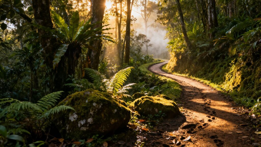 Parque Arví hiking trail through lush green forest.